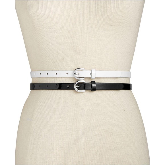 2 Patent Skinny Belts Black White XL NEW - Picture 2 of 3